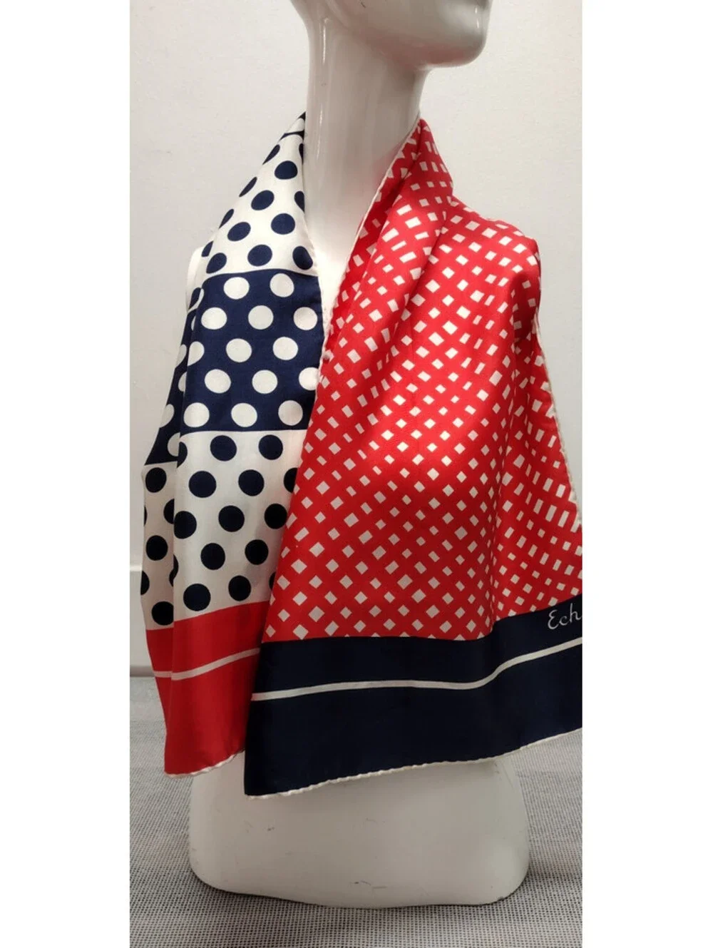 Vinage 1960s White DOTS Echo All Silk Scarf Red Orange White & Blue Polka Dots